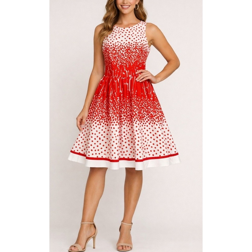 Eliza J Fit‎ and Flare Dress Womens Size 6 Red White Polka Dot Ombre Pockets